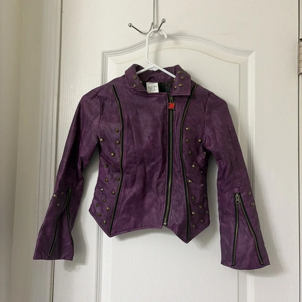 Disney Kids Mal-Descendants Moto Studded Purple Faux Leather Jacket Size 7/8